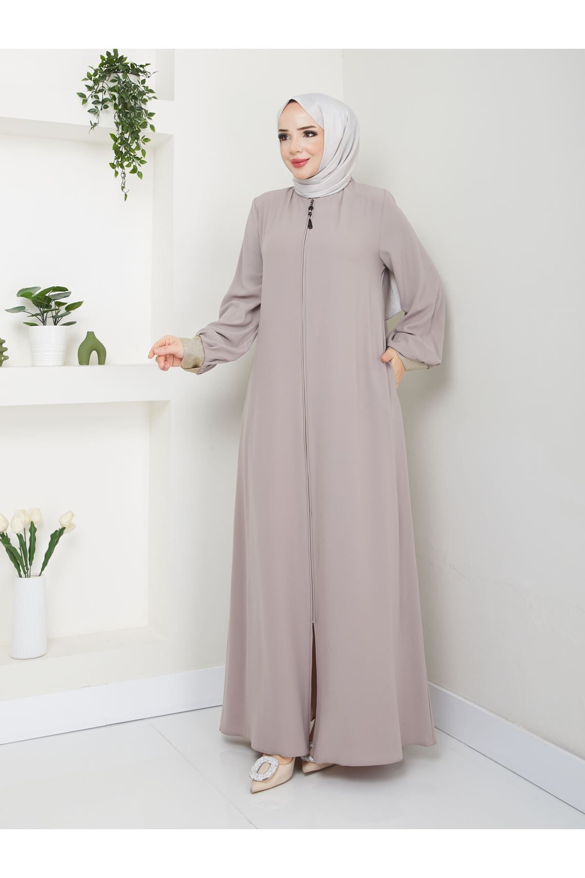 Zeynep Tesettür Firuze Abaya Ferace - Krem Krem-418 - K-20